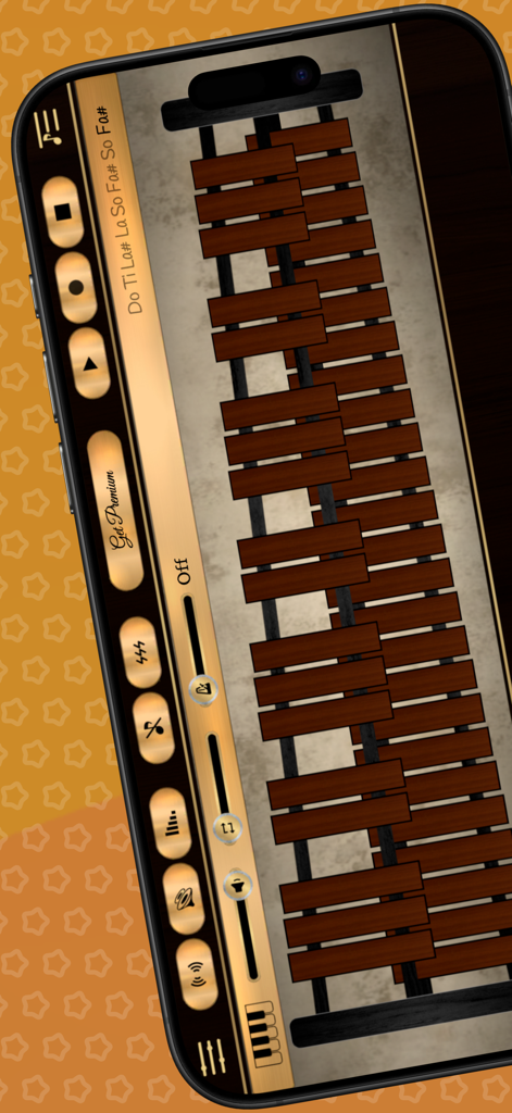 Interfaz de la aplicación móvil Xylophone Sim mostrando teclas de madera y configuraciones de control de audio
