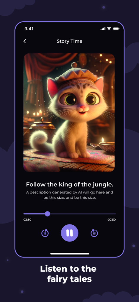 SnugStory: Bedtime Stories - Mobile audio player interface of SnugStory app with a cute kitten illustration and playback controls for a narrated bedtime story.