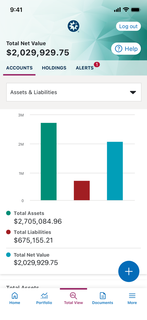Ameriprise Financial app dashboard showing a bar chart of total assets liabilities and net value
