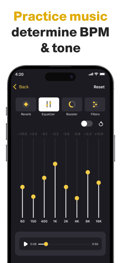 Music Speed Changer-Transpose - Equalizer interface in the Music Speed Changer app for adjusting frequency and practicing music