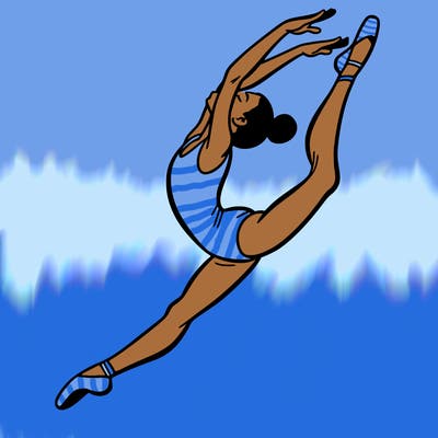 gymnast doing a leap in a leotard with a bent back leg