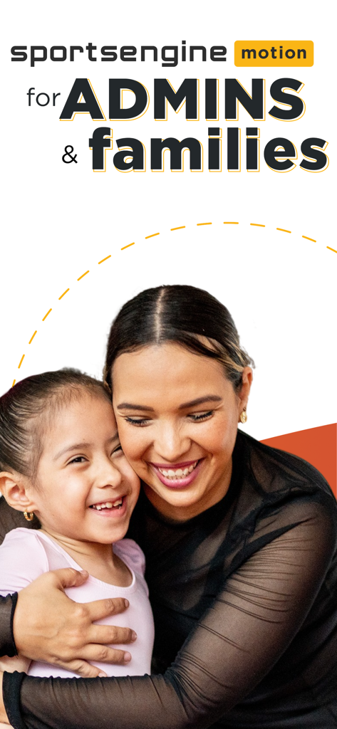SportsEngine Motion - A mother and her young daughter in a dance leotard hugging to represent the SportsEngine Motion app for sports administrators and families