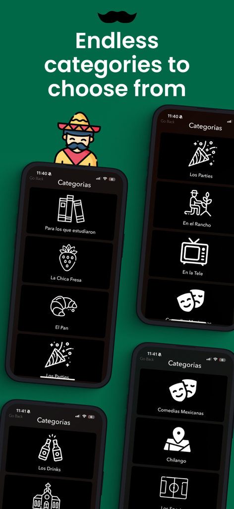 Trivia Mexicano! : Charades - Affichage de diverses catégories culturelles mexicaines dans l'application de charades Trivia Mexicano