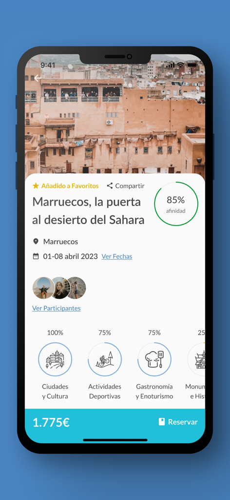 Uniite Travel app interface showing a trip to Morocco with affinity percentage and group members