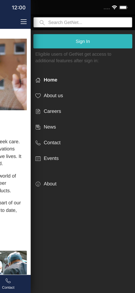 GetNet by Getinge - Mobile app sidebar for GetNet featuring menu links and a sign in button