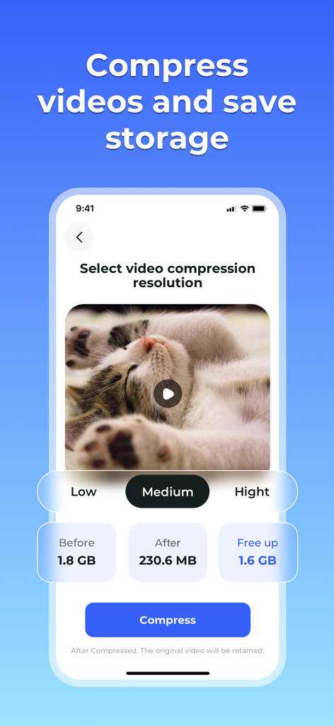 Pixel Cleaner app interface showing video compression settings and storage saving statistics on an iPhone