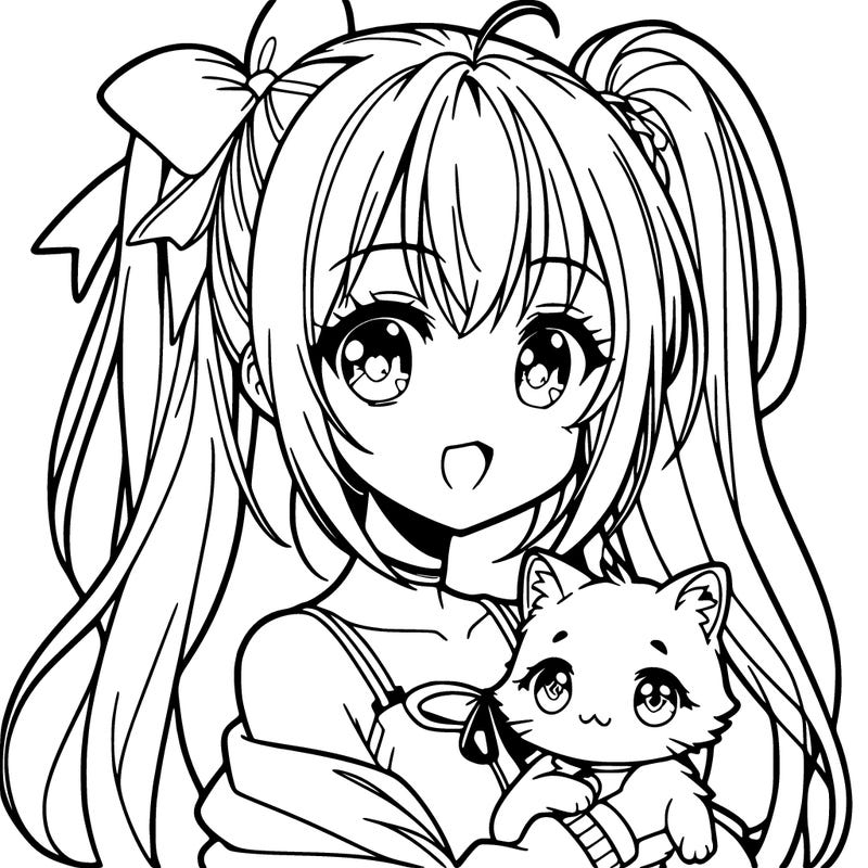 cute anime girl with long hair in a ponytail holding a cat