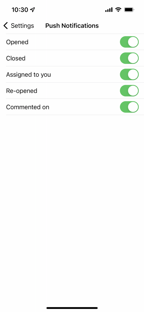 Una captura de pantalla de la configuración de notificaciones push en la aplicación Spiceworks Help Desk que muestra interruptores para actualizaciones de estado de tickets
