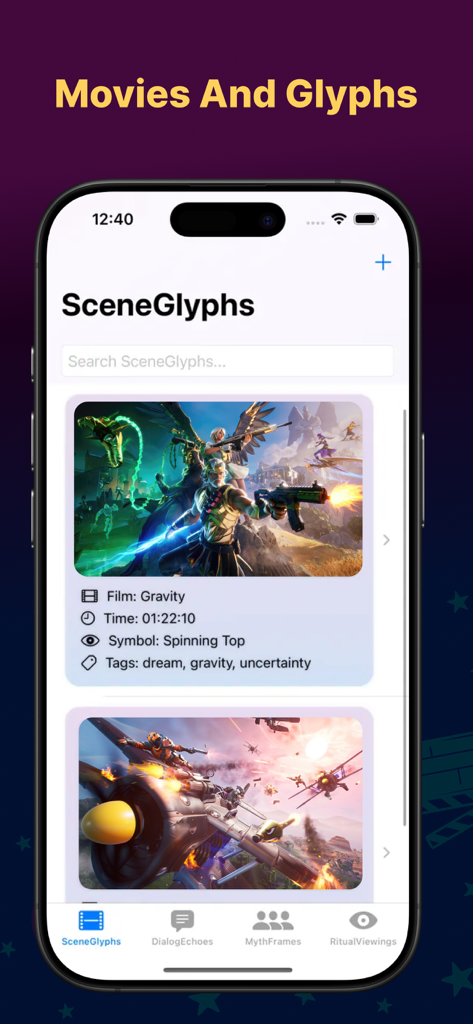 Webstream app interface showing movie scene logs with symbols and tags