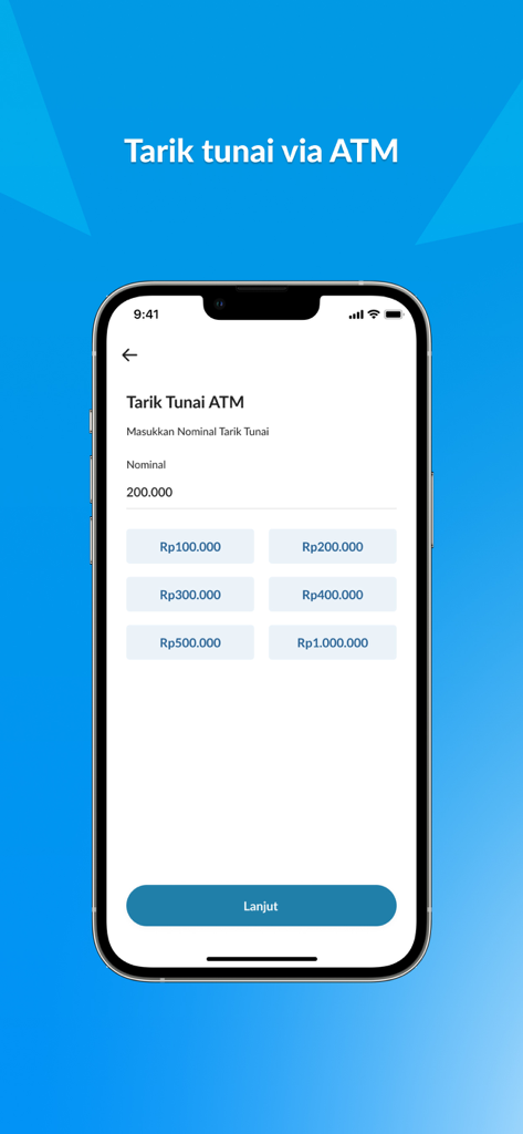 Pantalla de la aplicación PAC Cash que muestra opciones para retirar efectivo en cajeros automáticos en Rupias indonesias.
