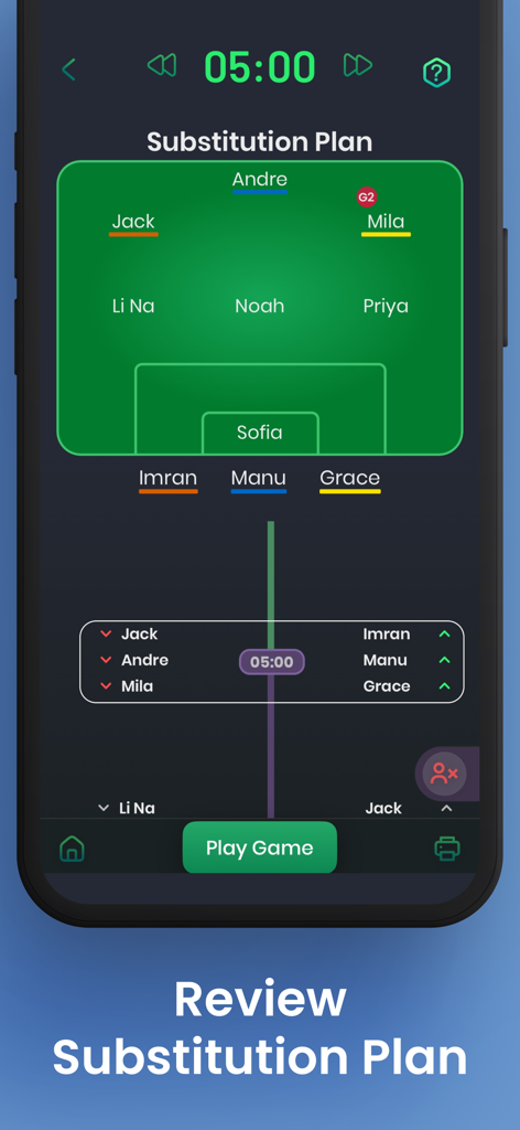 SubNow: Player Rotation Timer - A digital soccer field layout showing player positions and a scheduled substitution list for a youth sports game