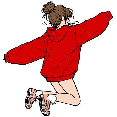 realistic girl jumping with a bun and oversized sweatshirt