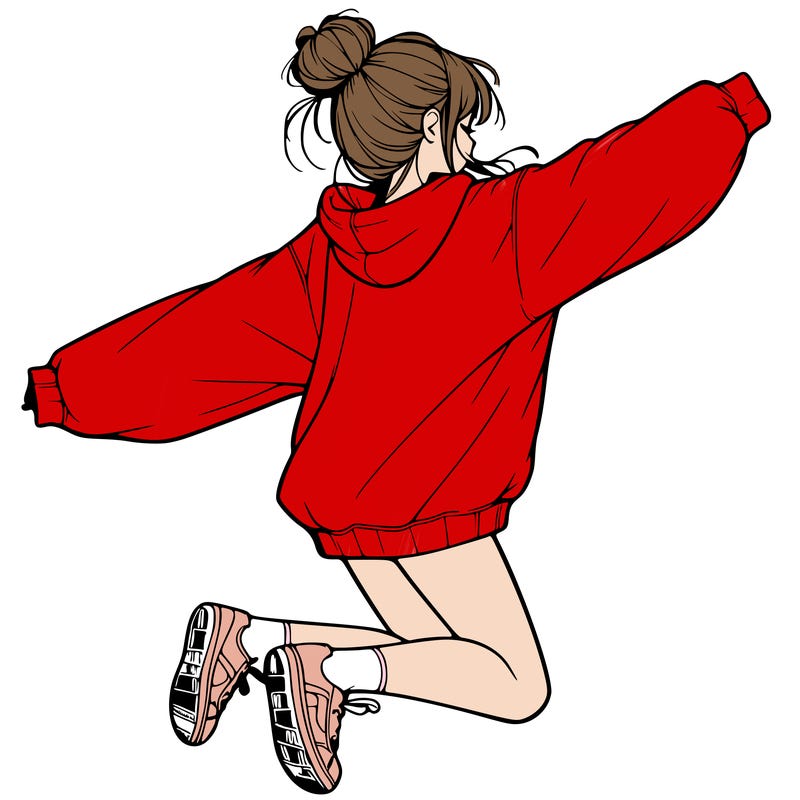 realistic girl jumping with a bun and oversized sweatshirt