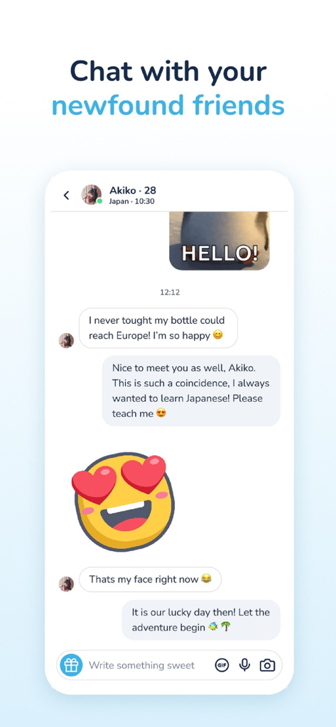 Bottled · Message in a Bottle - Interfaz de la aplicación Bottled que muestra una conversación de chat entre dos personas de diferentes países