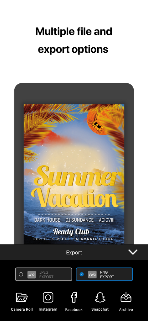 Create Flyers & Logos - Maker - A mobile app interface displaying multiple file export and social media sharing options for a summer flyer design