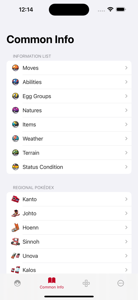 Pocket Gallery App - Pocket Galleryアプリのスクリーンショットで、カントーやジョウトなどの全国図鑑カテゴリ、ポケモンの技、特性、アイテムなどのセクションがある一般的な情報メニューを表示している
