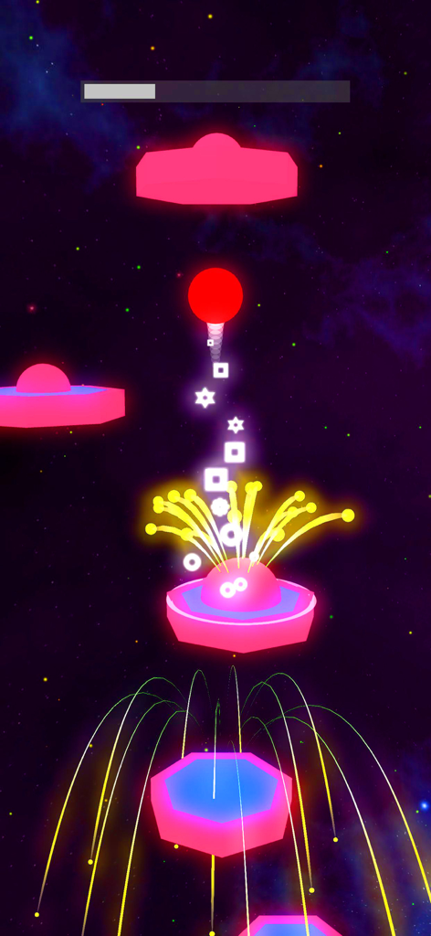 Jump Ball - Tiles Hop Ball - A red ball bouncing on glowing neon tiles in a space-themed rhythm game.