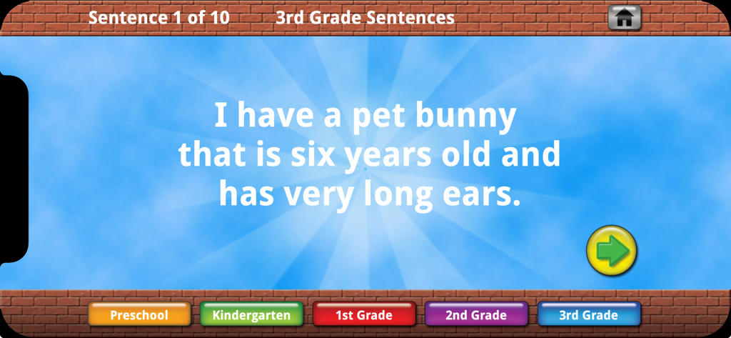 Sight Words Educational App - Screenshot of the Sight Words app showing a 3rd grade reading sentence about a pet bunny.