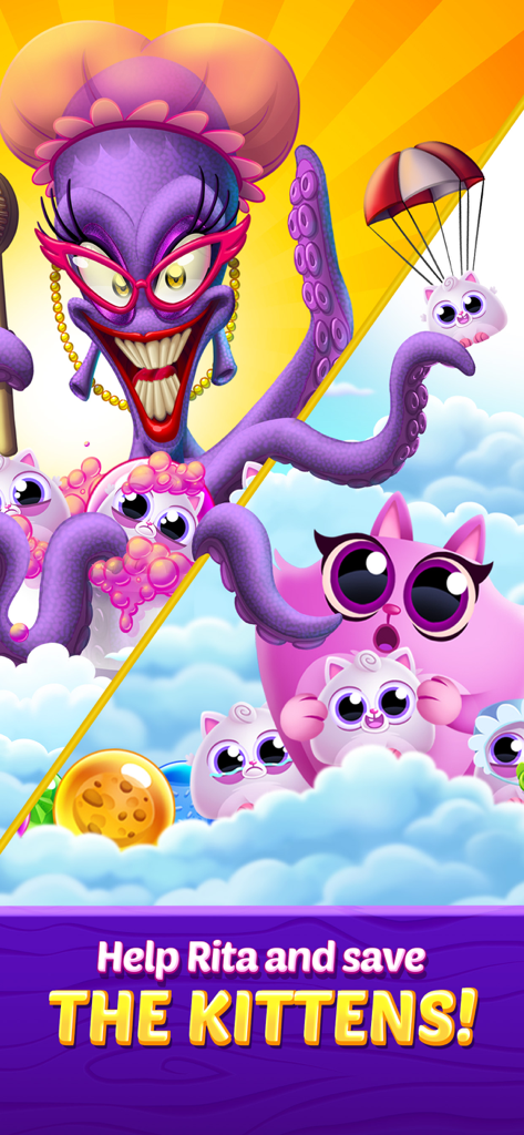 Cookie Cats Pop - A colorful game scene from Cookie Cats Pop showing Rita the cat helping rescue small kittens from a purple octopus-like villain.