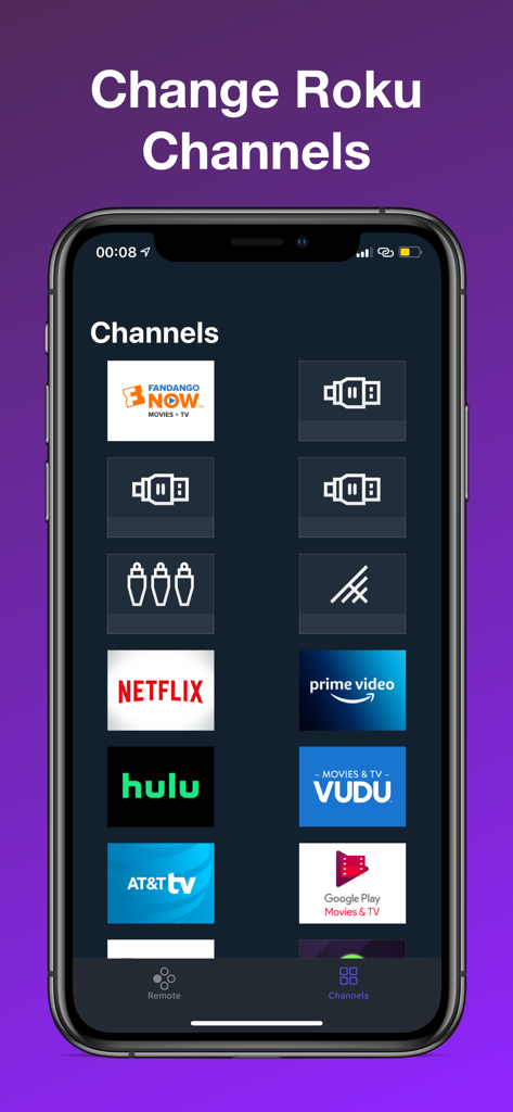 TV Remote Control For Roku - Pantalla de iPhone mostrando la aplicación Control Remoto de TV para Roku con lista de canales e iconos de Netflix, Hulu y Prime Video