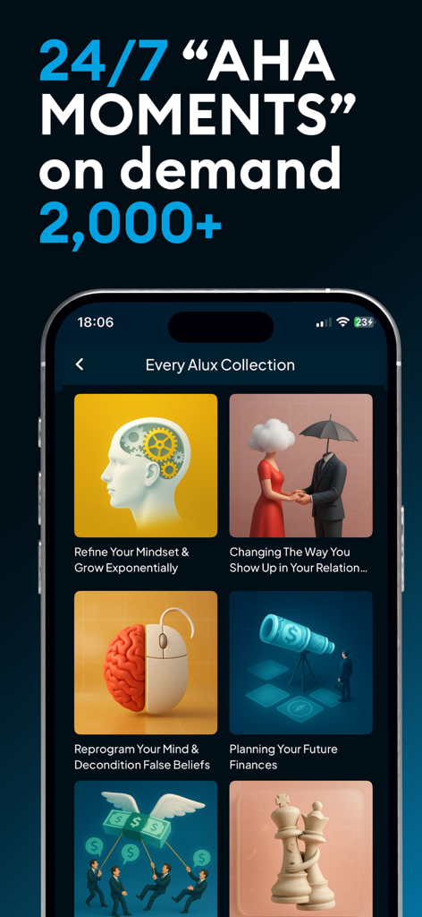Alux: Self Help & Improvement - A screenshot of the Alux app showing various course collections for mindset growth relationships and financial planning.