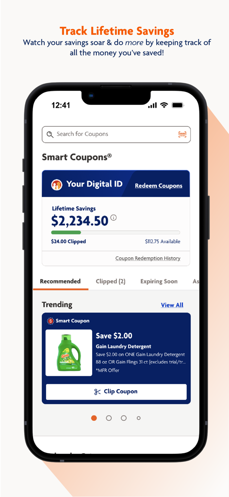 Family Dollar - Family Dollarアプリのインターフェース。生涯の節約額とゲイン洗濯洗剤のデジタルクーポンが表示されています。