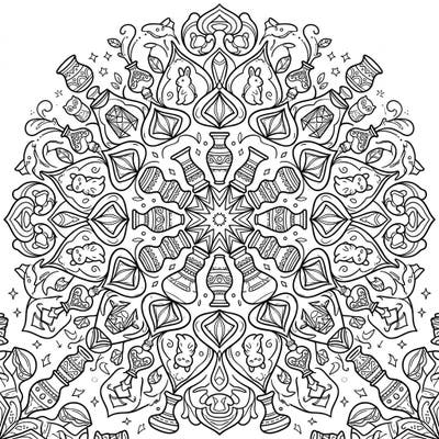 Discover a world of intricate beauty with this decorative accents mandala. Perfect for stress relief, it features a stunning array of ornamental objects arranged in a mesmerizing symmetrical design.