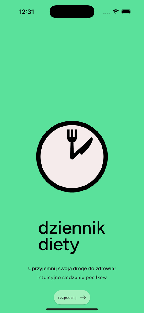 Start screen of the Dziennik Diety app with a green background and a clock icon with fork and knife hands.
