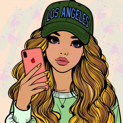 realistic beautiful girl wearing los ángeles cap holding an iphone