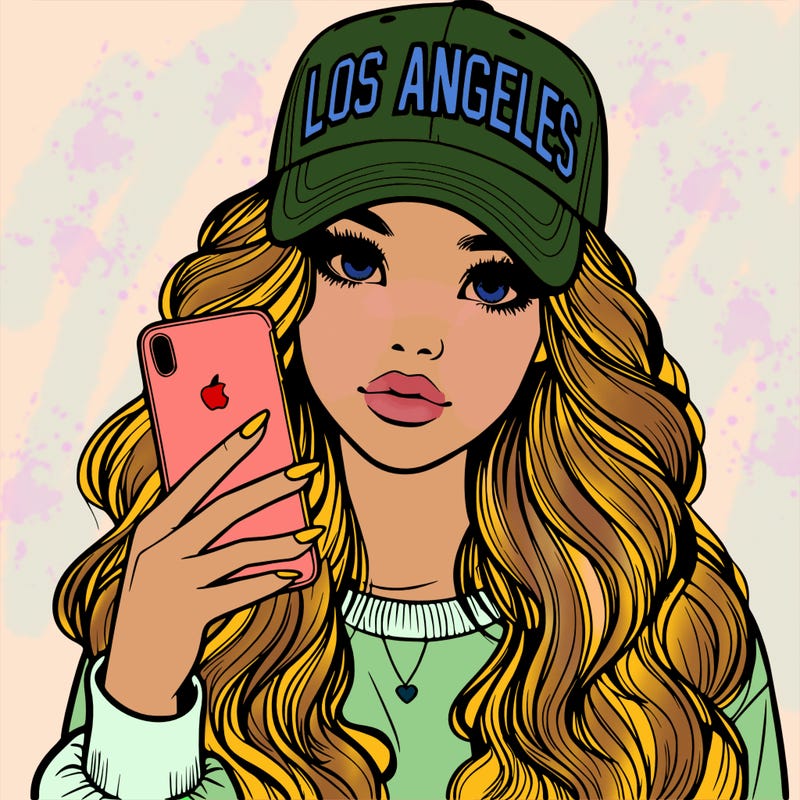 realistic beautiful girl wearing los ángeles cap holding an iphone