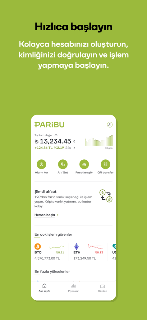 Panel móvil de la aplicación cripto Paribu que muestra el saldo de la cuenta de un usuario en Lira Turca y botones de trading de acceso rápido.