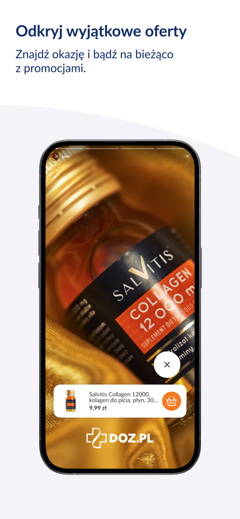 DOZ.pl mobile app showing special offers and promotions for health products like collagen supplements
