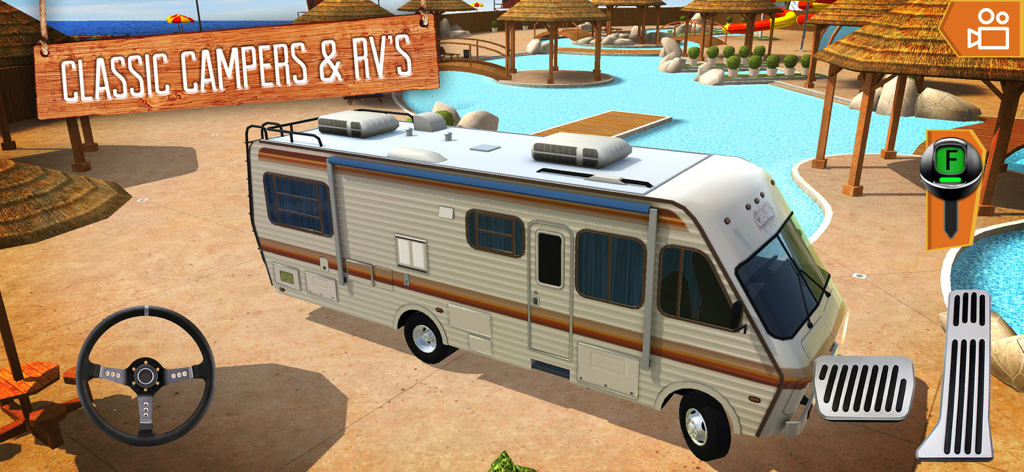 Gameplay of a classic camper van driving through a tropical beach resort simulation.