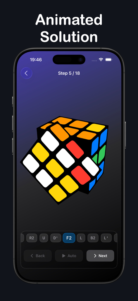 Cube Solver for Rubiks 3x3 2x2 - A 3D animated step by step solution for a Rubiks cube on a mobile screen