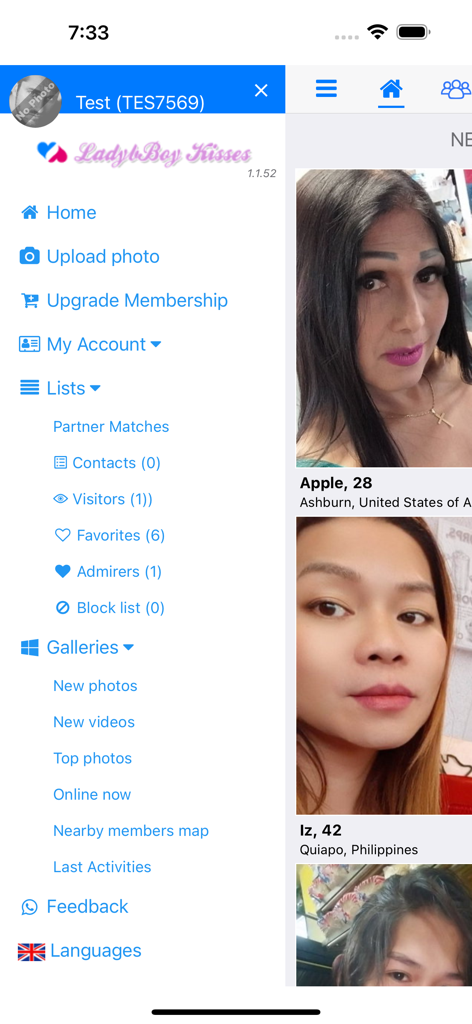Side menu and member profiles in the Ladyboykisses Dating mobile app.
