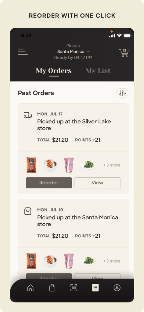 Erewhon - L'écran Mes Commandes dans l'application Erewhon montrant les achats passés et une fonction de recomande en un clic