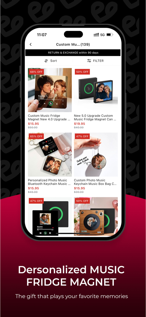 SOUFEEL - Personalized Gifts - SOUFEEL app showing personalized music fridge magnets and custom photo gifts.