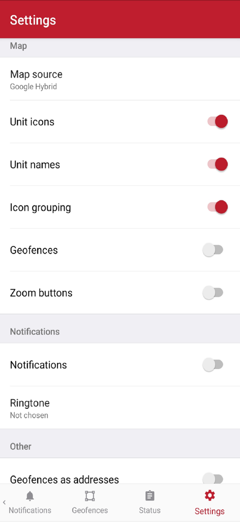 WBC Fleet - Settings menu in the WBC Fleet app showing map and notification options.