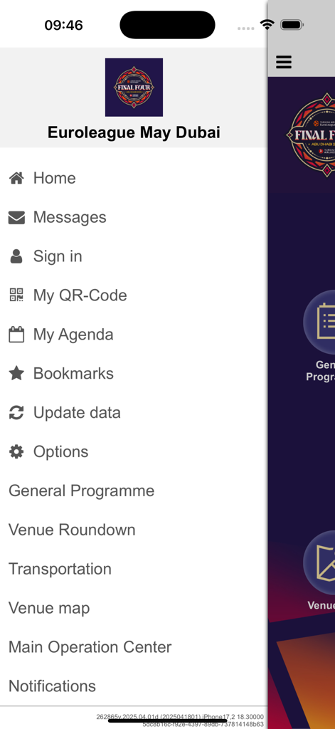 EuroLeague F4 - Side navigation menu of the EuroLeague F4 app for event staff showing various operational and guest management options