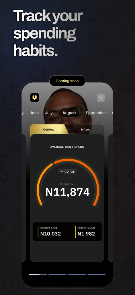 PocketMoni - Interfaz de la aplicación PocketMoni que muestra los hábitos de gasto mensuales y el seguimiento del flujo diario promedio
