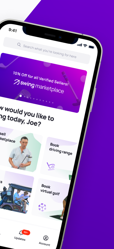 Swing - Multisport App - Swingマルチスポーツアプリのホーム画面。ゴルフ会場の予約とマーケットプレイスの割引オプションを表示