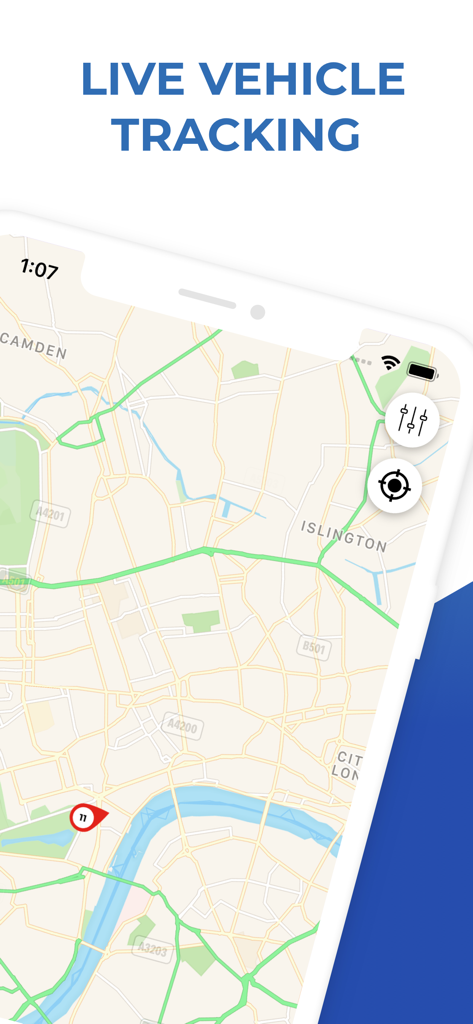 Interfaccia dell'app ScorpionTrack che mostra il tracciamento live dei veicoli su una mappa cittadina
