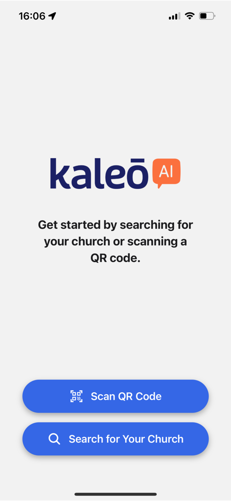 Kaleo AI - Kaleo AI app welcome screen with options to scan a QR code or search for a church to access live captions