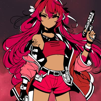 bad girl wearing crop top holding a gun long hair anime