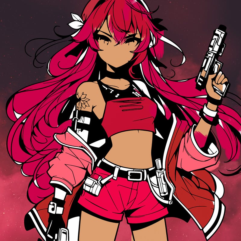 bad girl wearing crop top holding a gun long hair anime