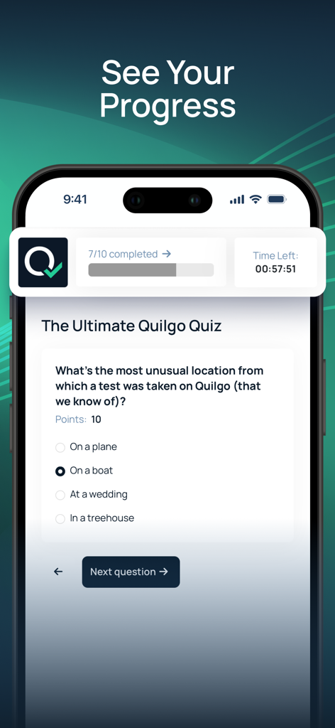 Quilgo - A timed quiz question and progress bar in the Quilgo iOS app