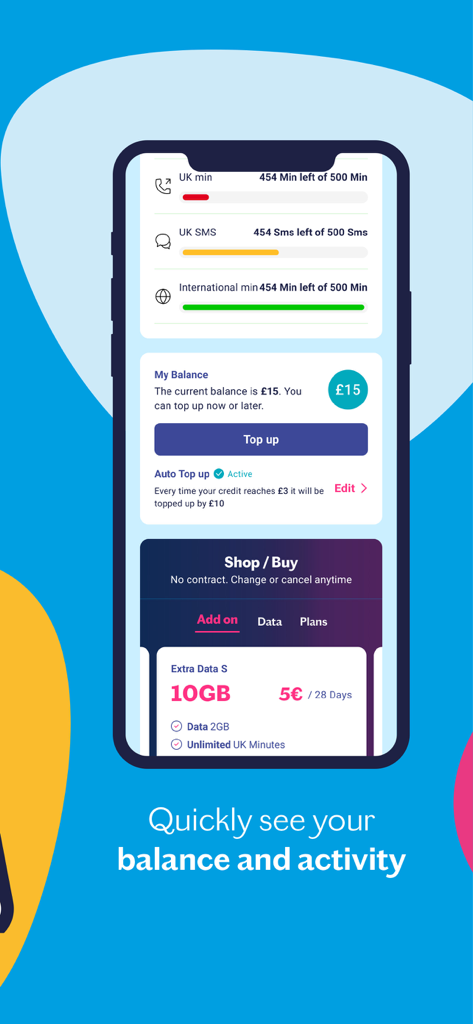 MyLebara mobile app interface displaying account balance remaining minutes and top up options