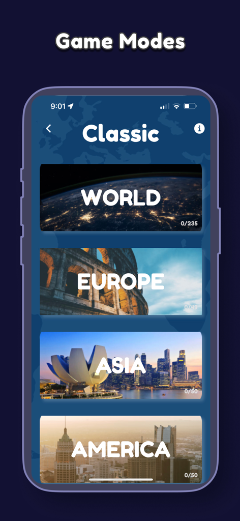 Earthle Global Geography Games - Earthle app screen showing classic game modes for World Europe Asia and America regions
