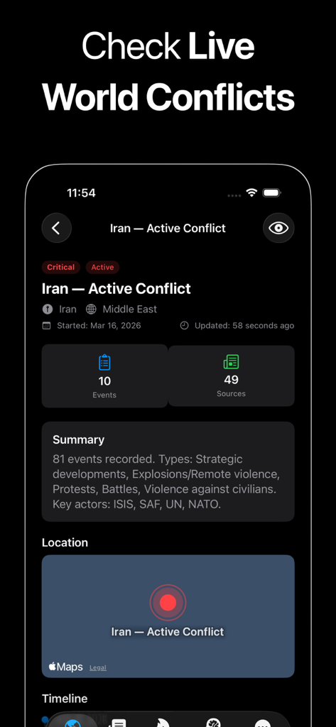 World Monitor App - World Monitor App interface showing detailed live tracking of an active conflict in Iran with event summaries and map location