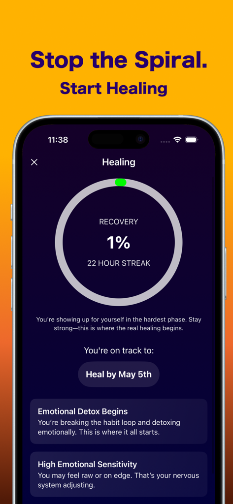 BREAKFREE: No Contact Tracker - Breakfree app screenshot showing a 22-hour no-contact streak and 1 percent recovery progress circle.